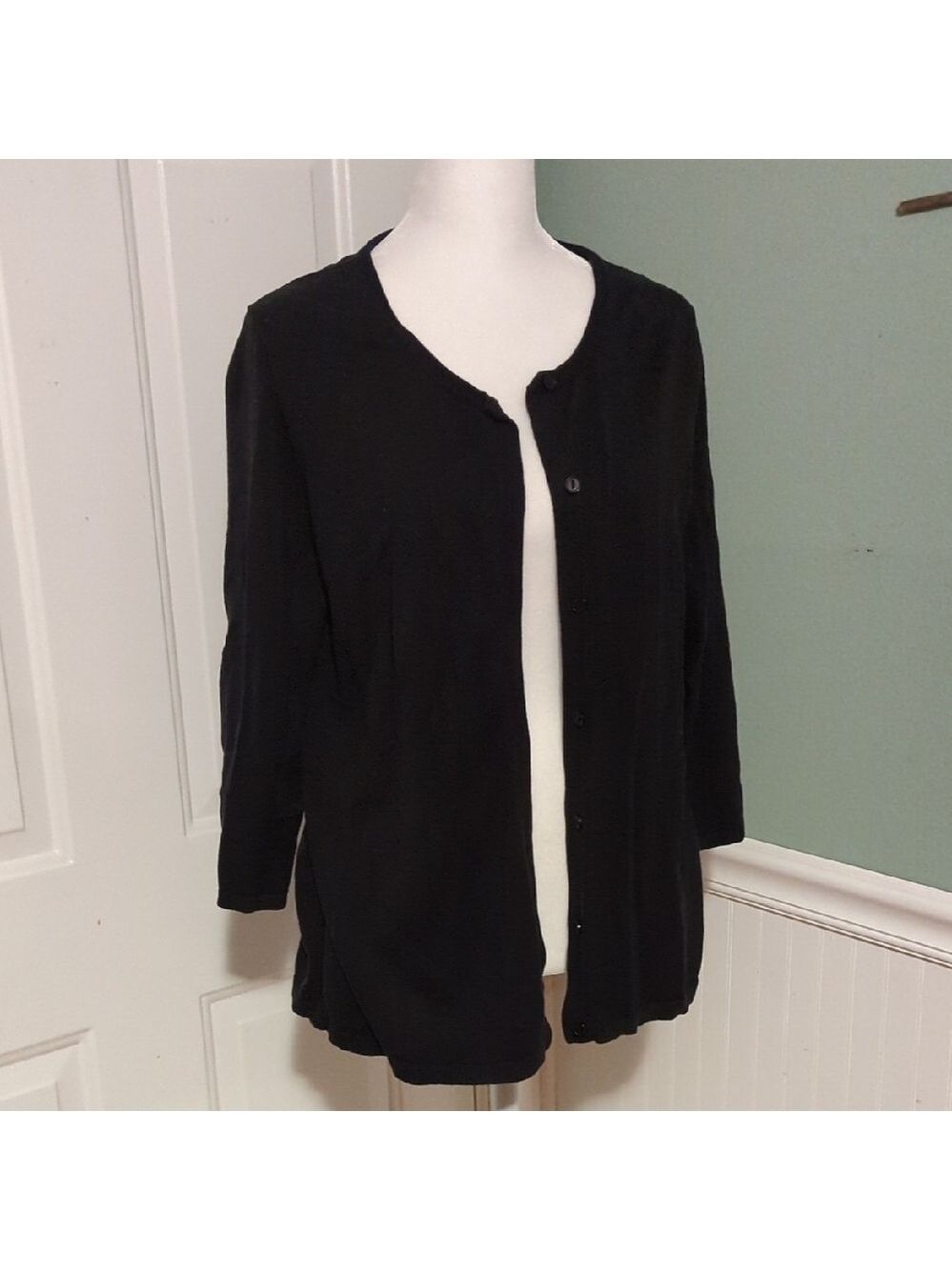 Coldwater Creek Black Cardigan Large Silk Cotton 3/4 Sleeves